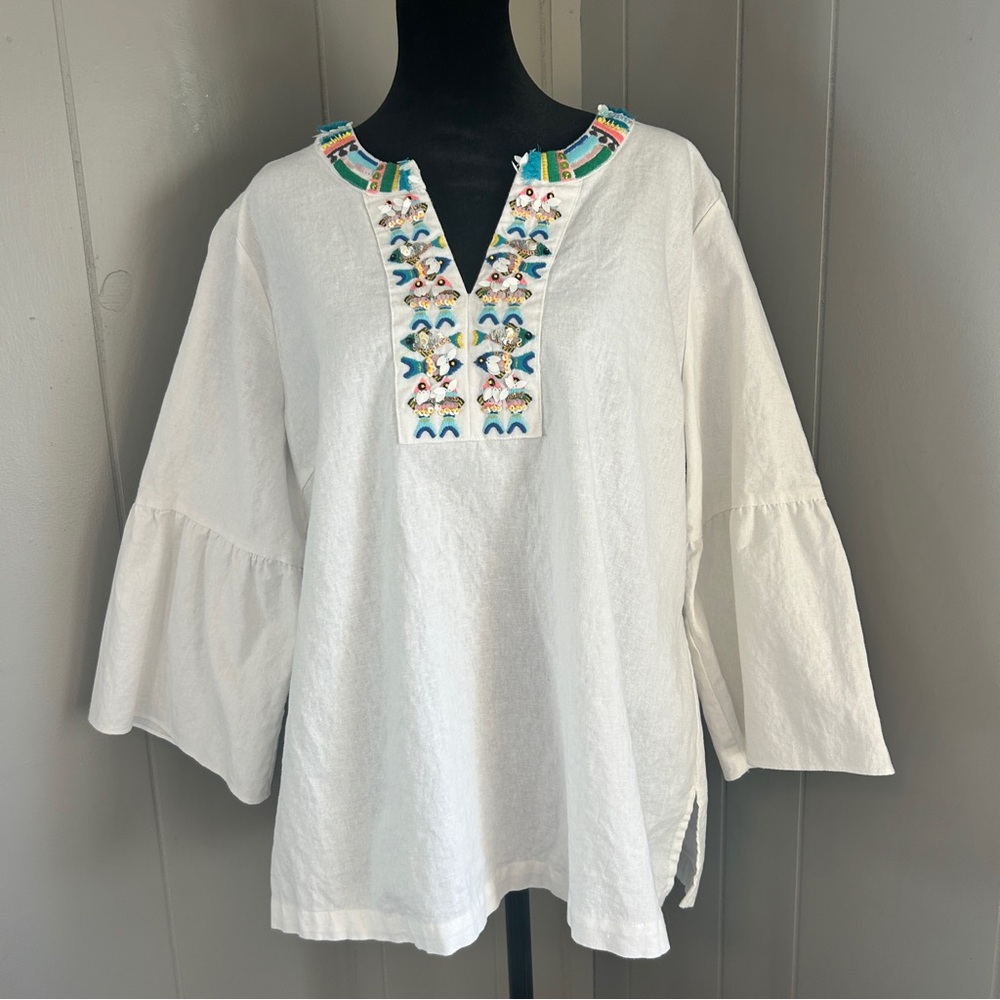Peck and Peck Fish Embellished Tunic Linen and Cotton Size Large